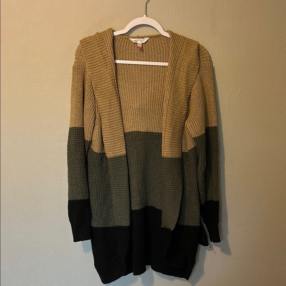 No Boundaries Tan, Green, and Black Cardigan Sweater
